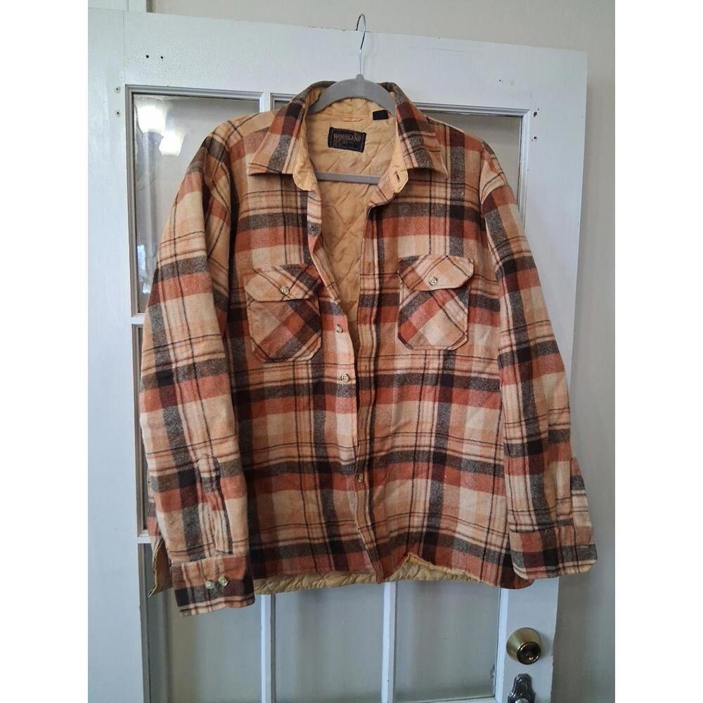 Woodland Wool Blend Brown Plaid Flannel Quilted Jacket See PicX Large Vintage G1